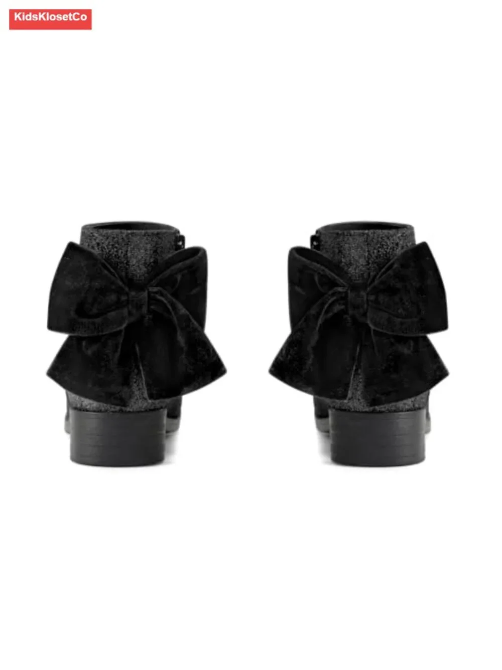 Girls Glitter Bow Ankle Boots Faux Suede Low Chunky Heel Zip Dress Booties